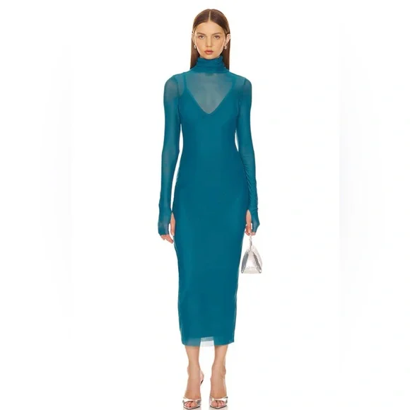 AFRM Blue Ribbed Long Sleeve Turtleneck Sheath Dress - Picture 5 of 5